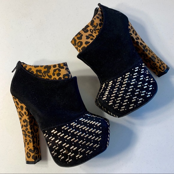 Liliana Shoes - Lilianna High Heeled Studded Leopard Booties 6